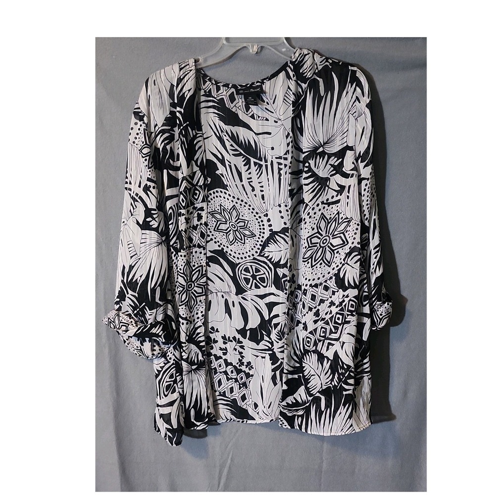 Marcus Barnes Black White Floral Chiffon Button Blouse 2X 3/4 Sleeve